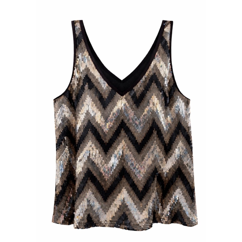 Ella Moss Womens Sequin Chevron Tank Top Metallic Silver Black Zigzag V-Neck S
